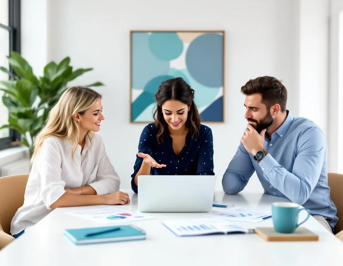 Three professionals reviewing marketing reports around a white conference table representing the three-layer B2B marketing team