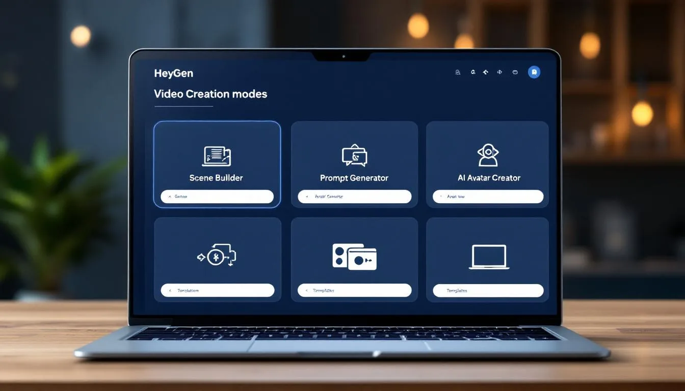 HeyGen dashboard showing six video creation modes including scene builder, prompt generator, avatar scripts, AI avatar creator, video translation, and templates