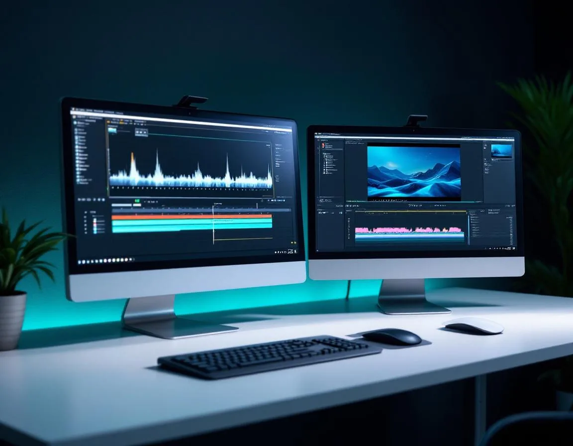 Dual monitor setup showing two different video editing tool interfaces for comparing Riverside vs Descript and other recording tools
