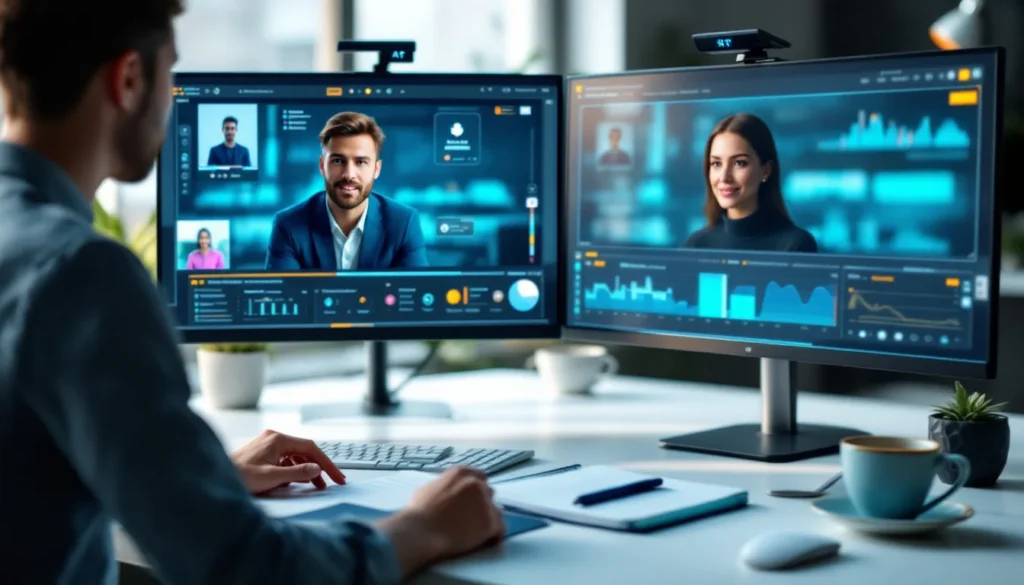 B2B marketer comparing Synthesia and HeyGen AI avatar video platforms on dual monitors in a modern office setting