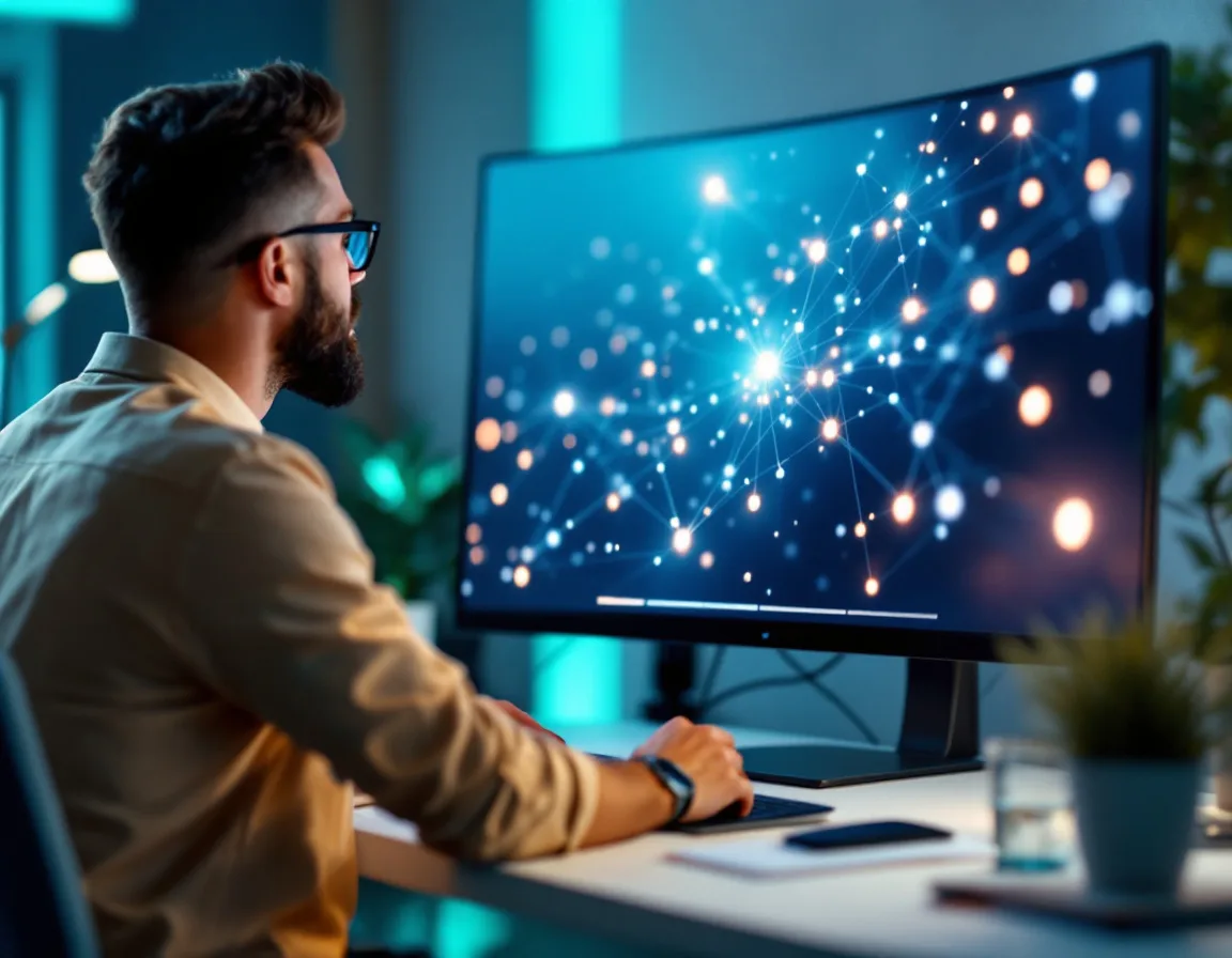 B2B marketer reviewing brand awareness and audience reach data on a monitor as part of a demand generation strategy