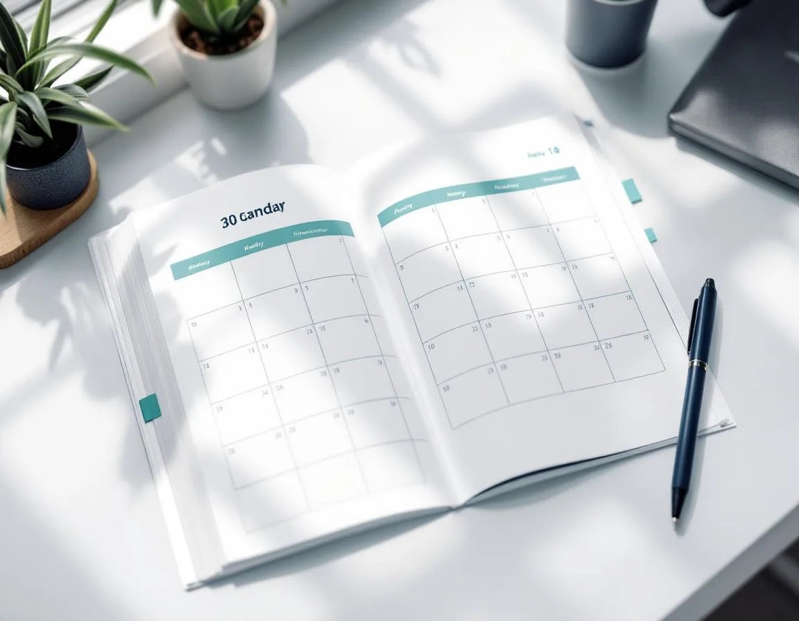 30-day planner on a clean desk representing a structured B2B outbound engine build plan