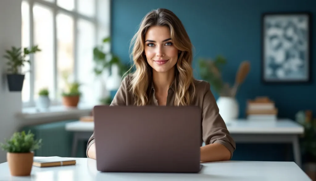 Confident B2B professional woman at a modern desk representing personal brand building in 2026