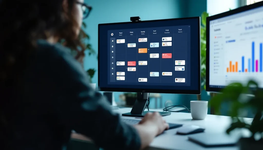 B2B marketing professional reviewing Publer's social media content calendar on a large monitor showing posts scheduled across LinkedIn, Google Business Profile, and other platforms
