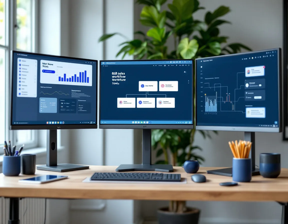 B2B outbound technology stack with multiple connected screens showing sales workflow