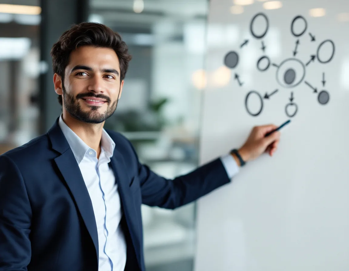 B2B marketing professional mapping topical authority strategy on whiteboard