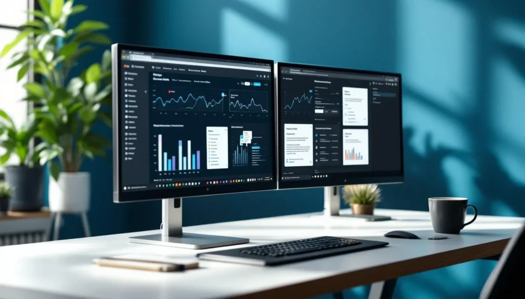 Automated B2B outbound engine workspace with sales pipeline dashboards on dual monitors