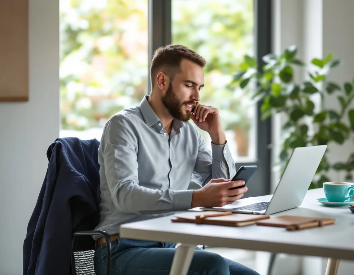 B2B founder at a modern desk working on a LinkedIn newsletter for owned audience reach as a parallel to Beehiiv