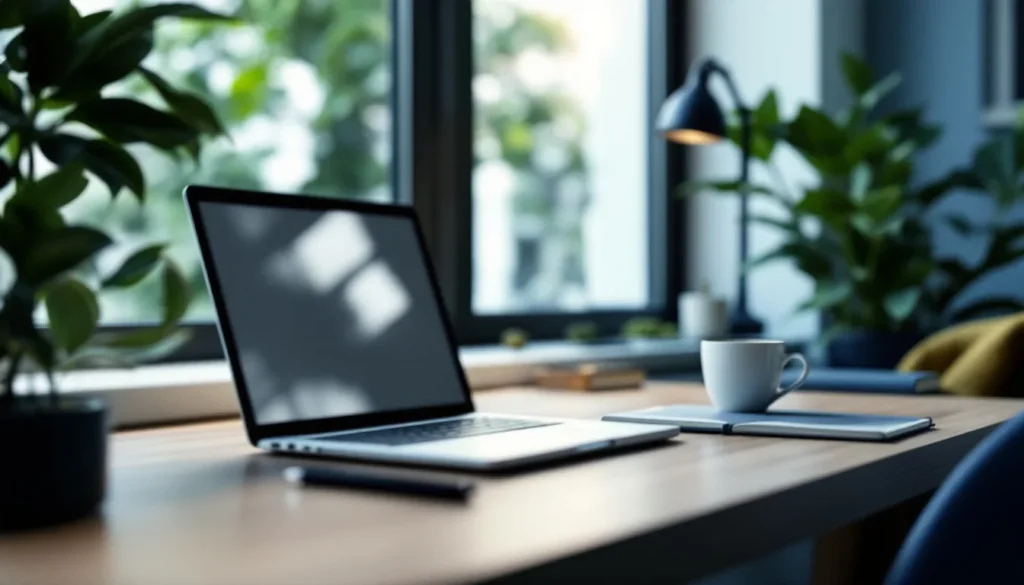 B2B marketing playbook workspace with laptop notebook and plant on clean modern desk