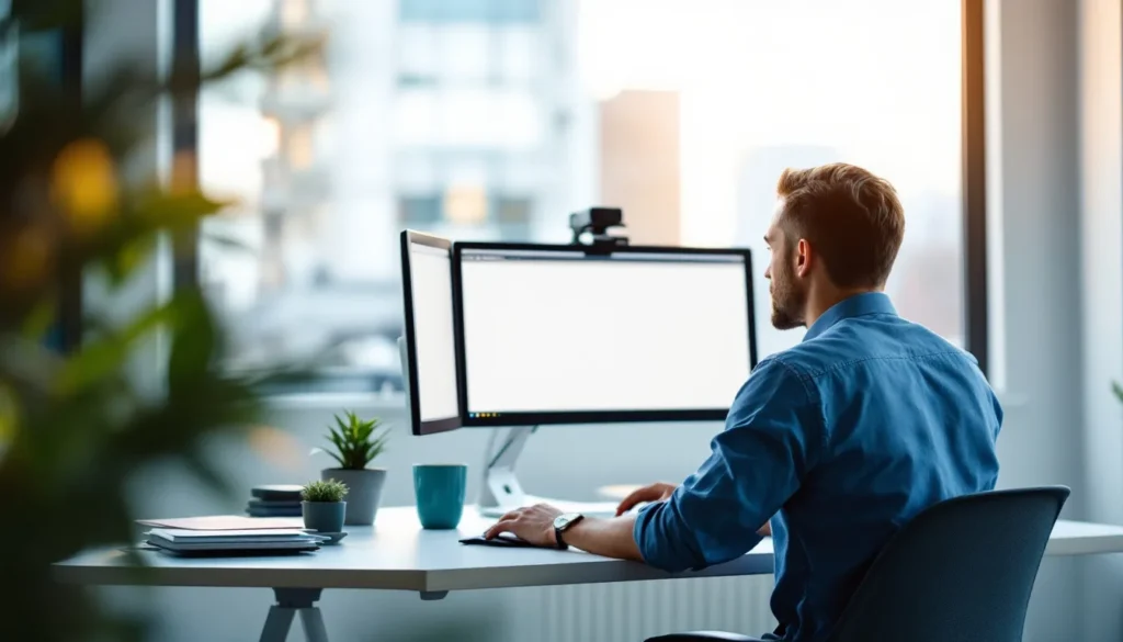 Solo marketing operator working at a calm modern desk with multiple monitors and natural light