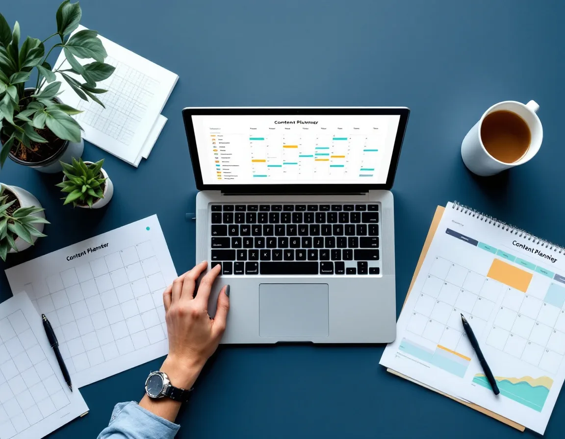 Multi-channel B2B demand generation planning workspace with content calendar and marketing materials on a clean desk