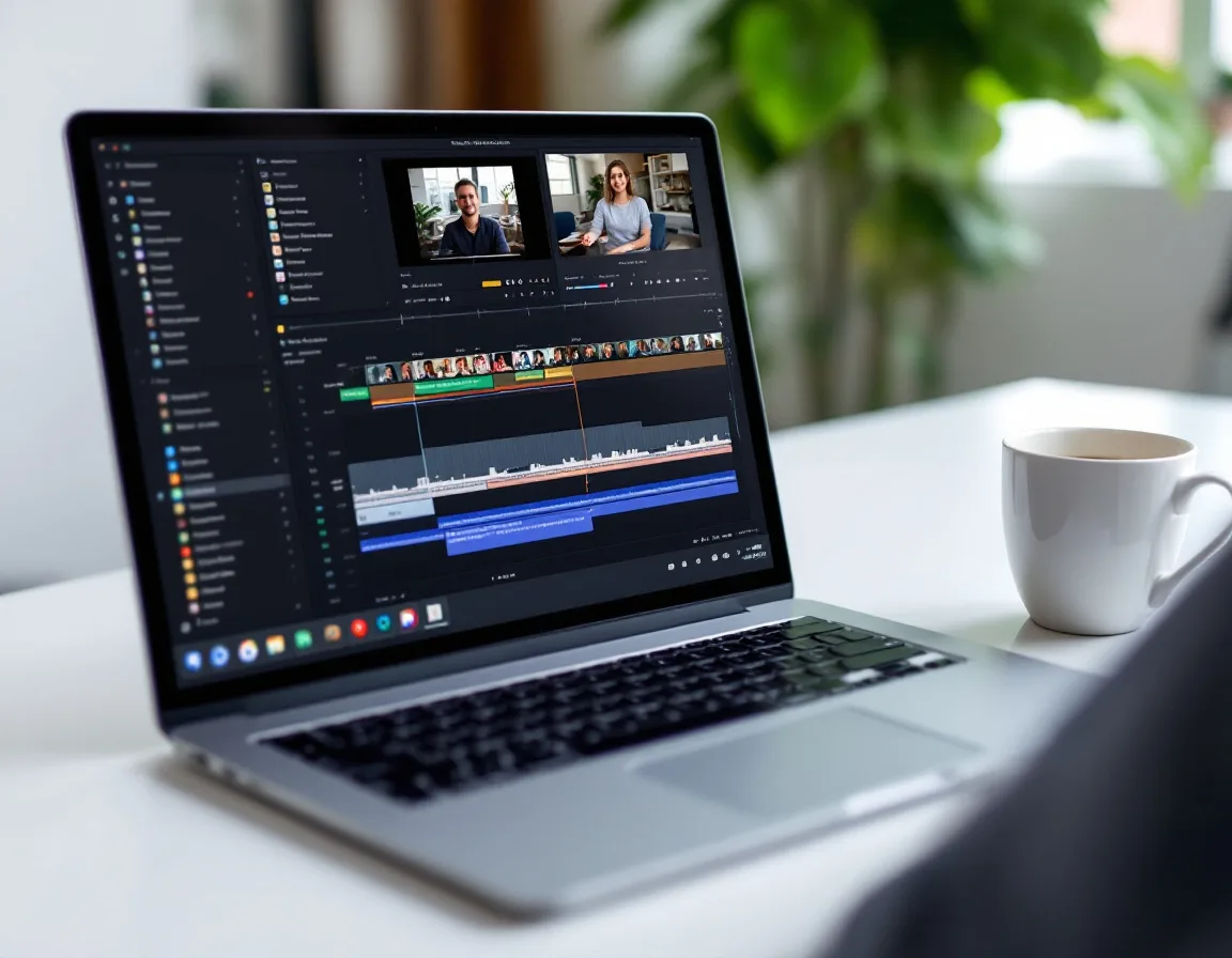 Video editing workflow with transcription panel on laptop for founder content