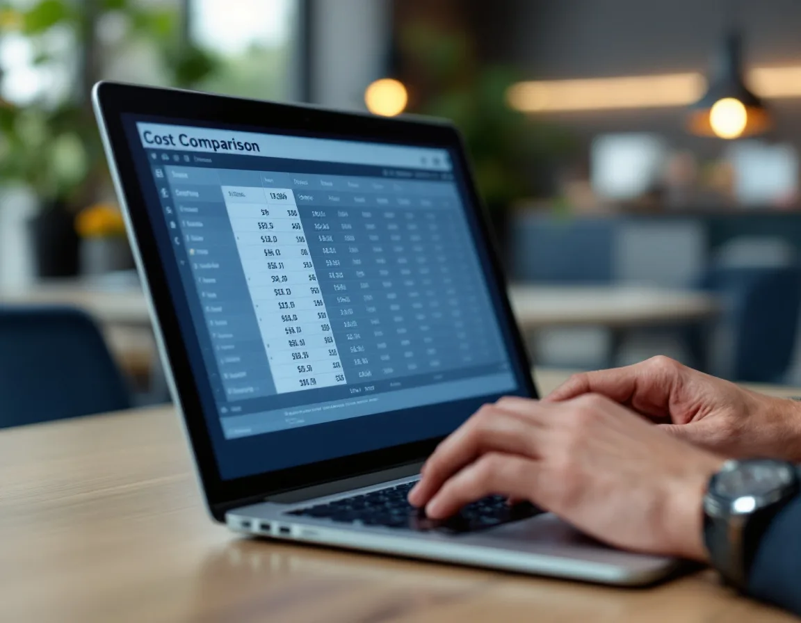 Business professional reviewing GoHighLevel vs Salesforce pricing costs on laptop