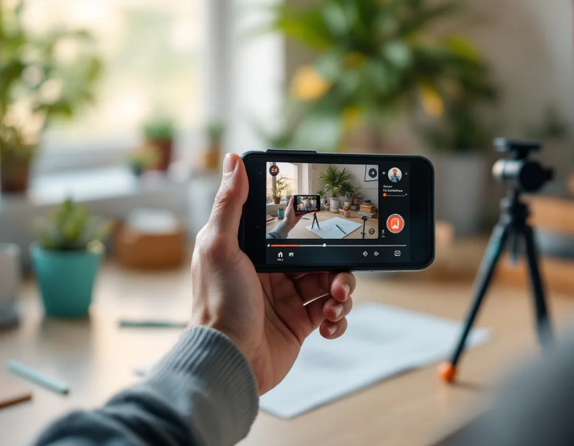 Founder preparing to record video content on smartphone at desk