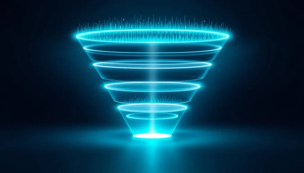 Abstract B2B demand generation funnel showing awareness flowing through consideration to pipeline