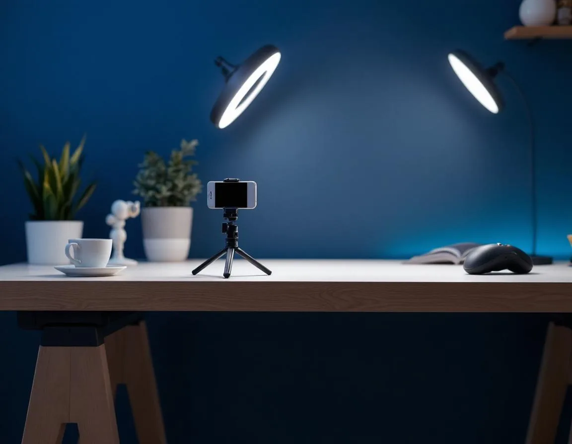 Smartphone mounted on a desk tripod at eye level for professional founder video recording on Riverside