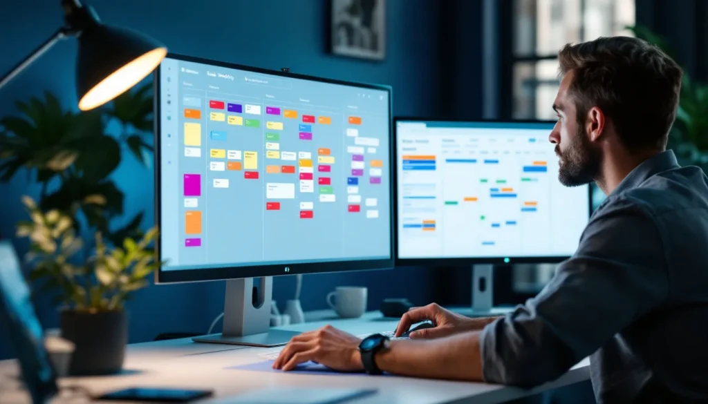 B2B marketing professional reviewing a structured ClickUp task management dashboard with kanban columns and content calendar on dual monitors