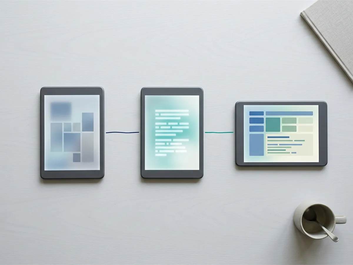 Minimal flat-lay showing a pipeline flow from data to email to CRM on connected devices