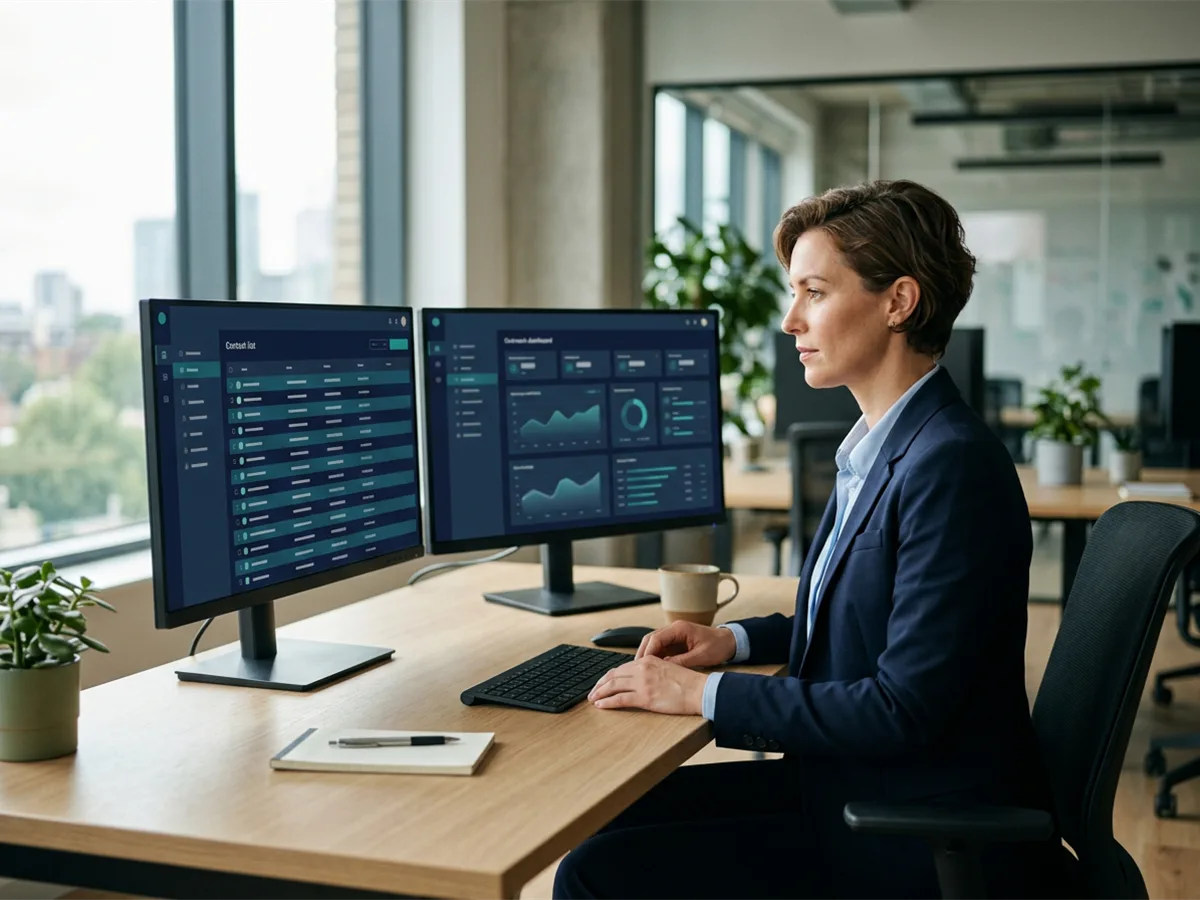 B2B professional reviewing prospect list and outreach dashboard on dual monitors, clean desk, natural light