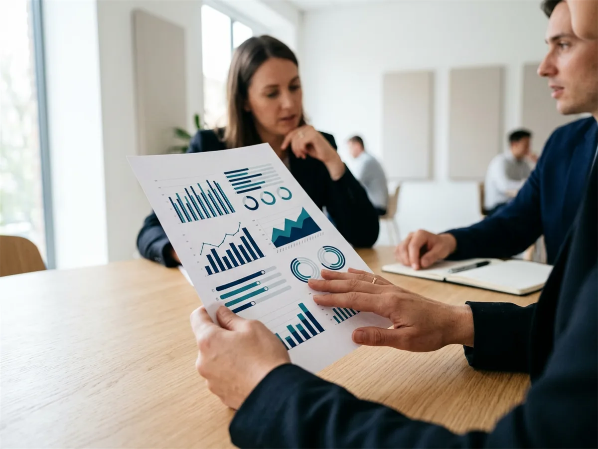Marketing pipeline review meeting with revenue metrics and channel performance data