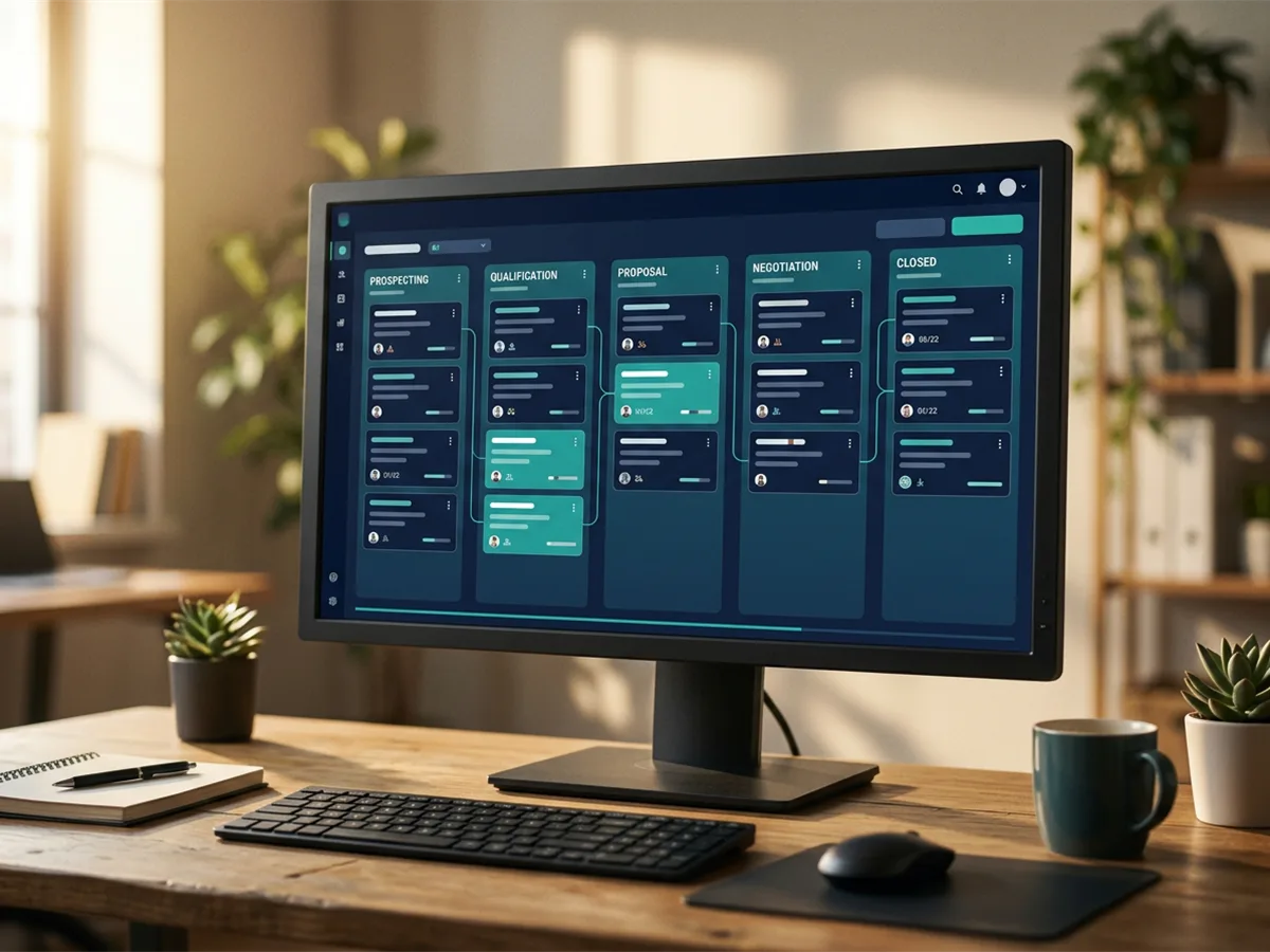 Clean CRM dashboard on monitor showing connected pipeline stages, warm office light, navy and teal tones