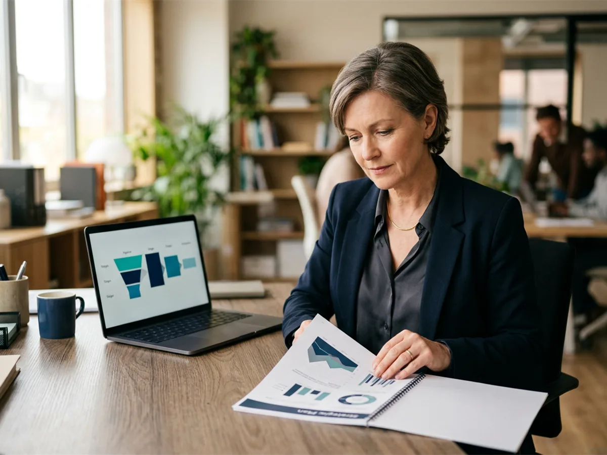 B2B leader reviewing a strategic marketing plan on paper with a laptop open to a pipeline dashboard nearby