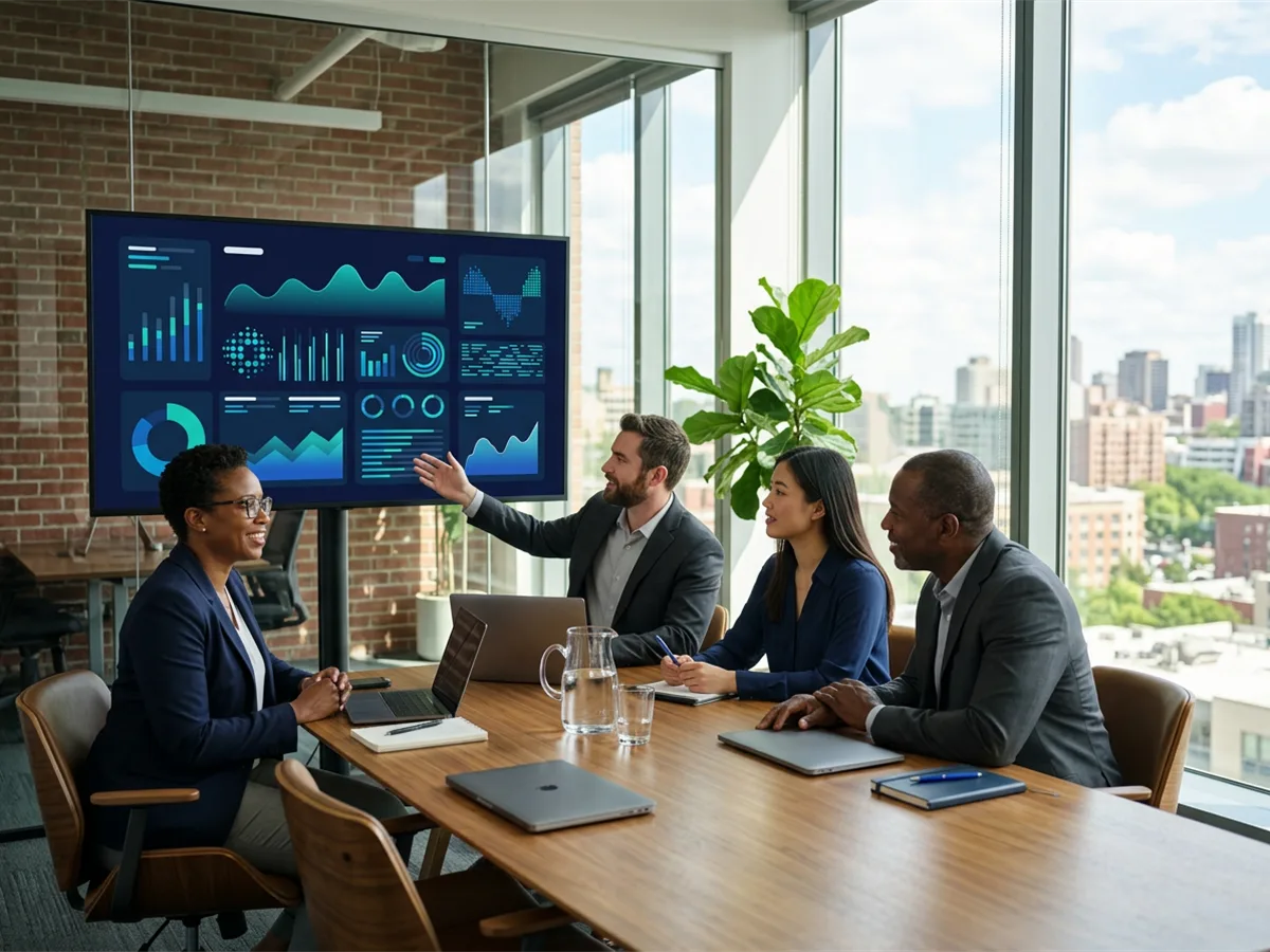 Marketing and sales team reviewing a shared measurement dashboard at a meeting table, natural light