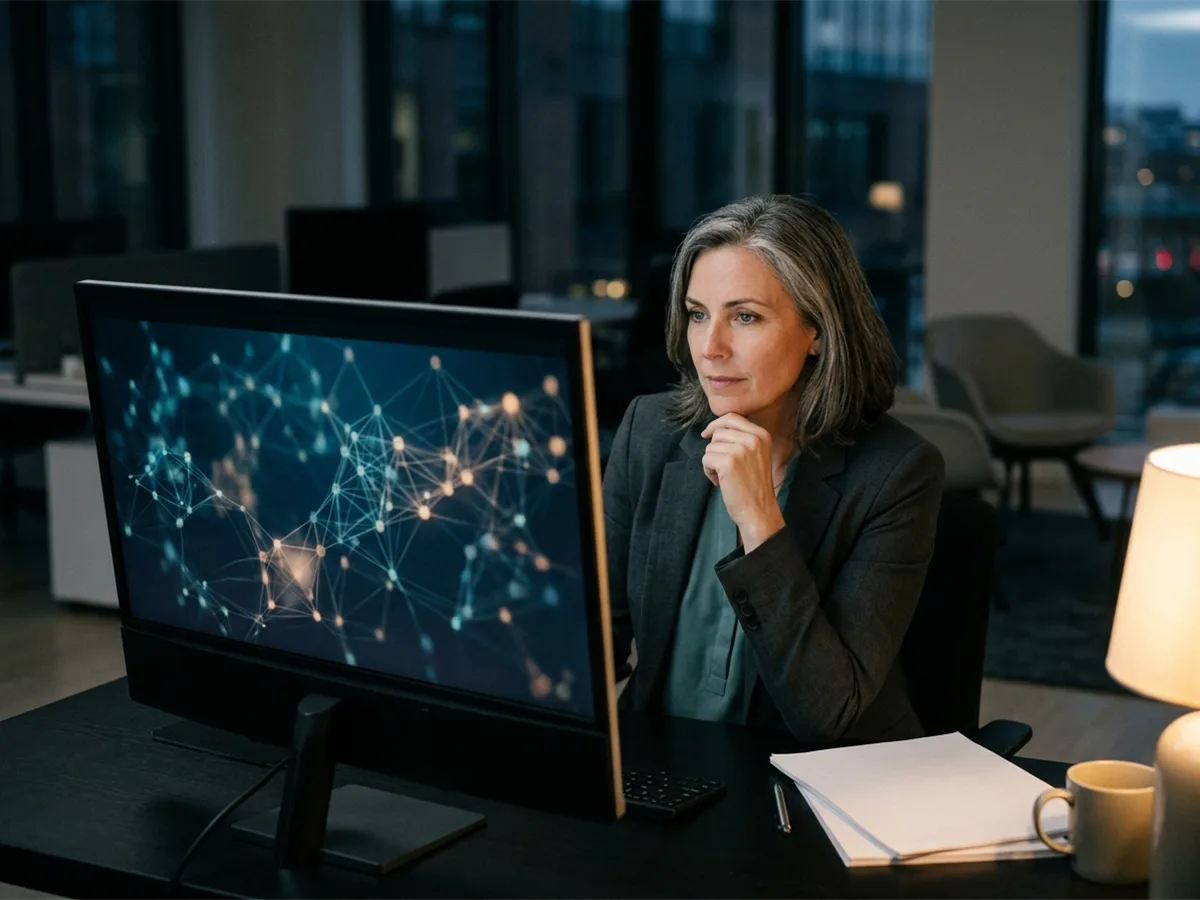 Marketing leader reviewing attribution dashboard on monitor, dark funnel concept visualized with connected nodes in navy and teal