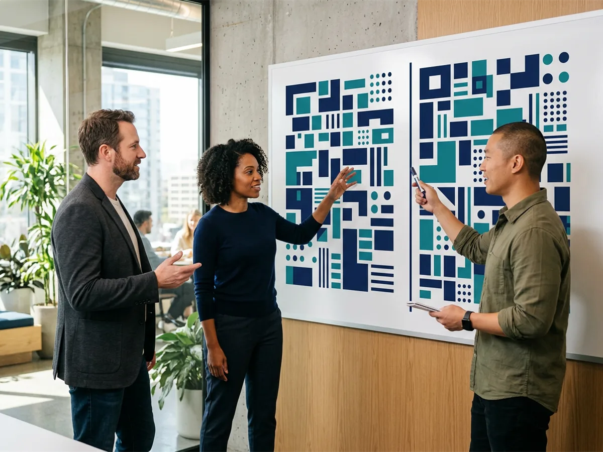B2B team in a budget discussion, whiteboard with two columns showing allocation decision