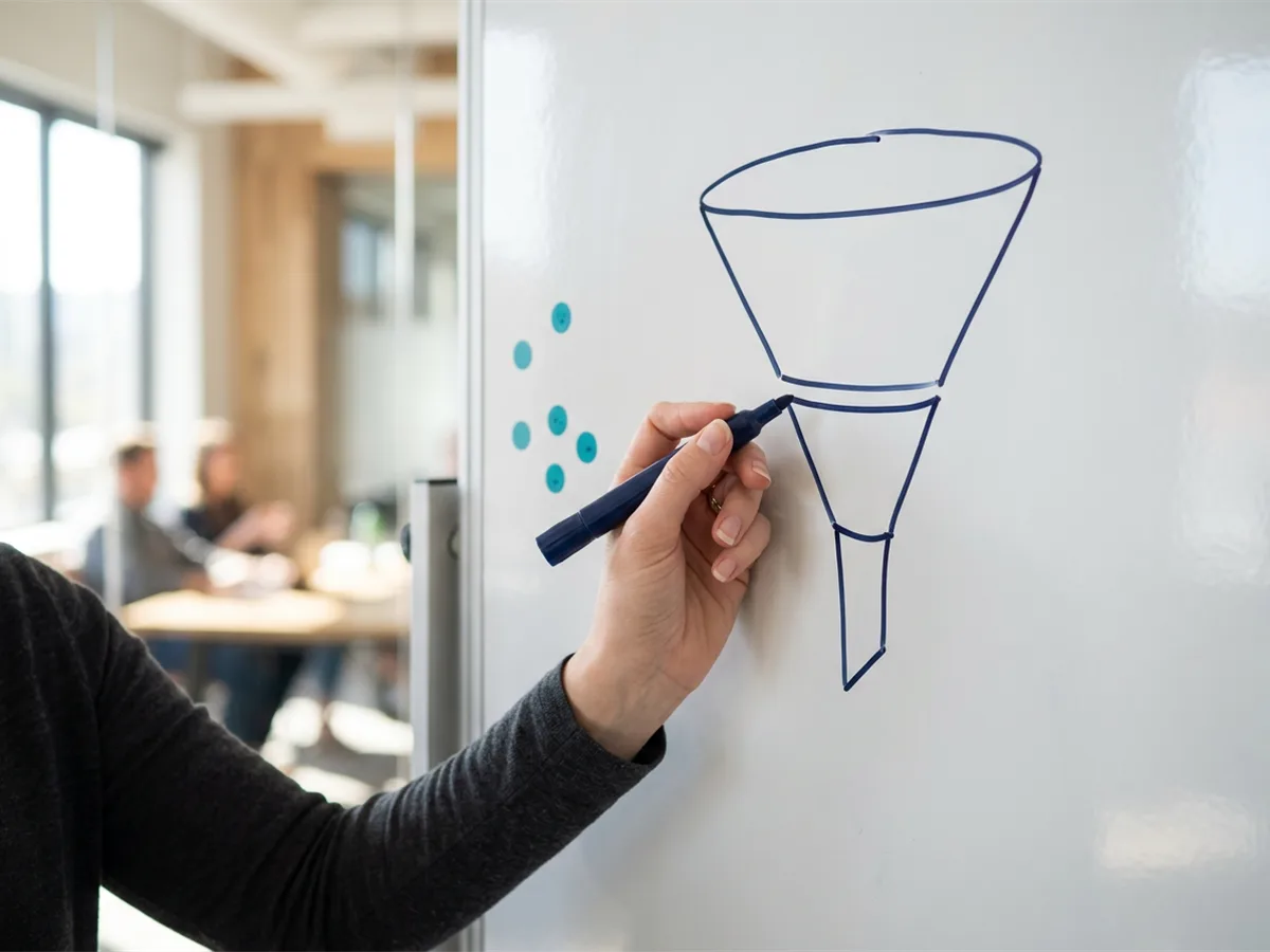 Hands at a whiteboard drawing a simple two-stage funnel, meeting room setting