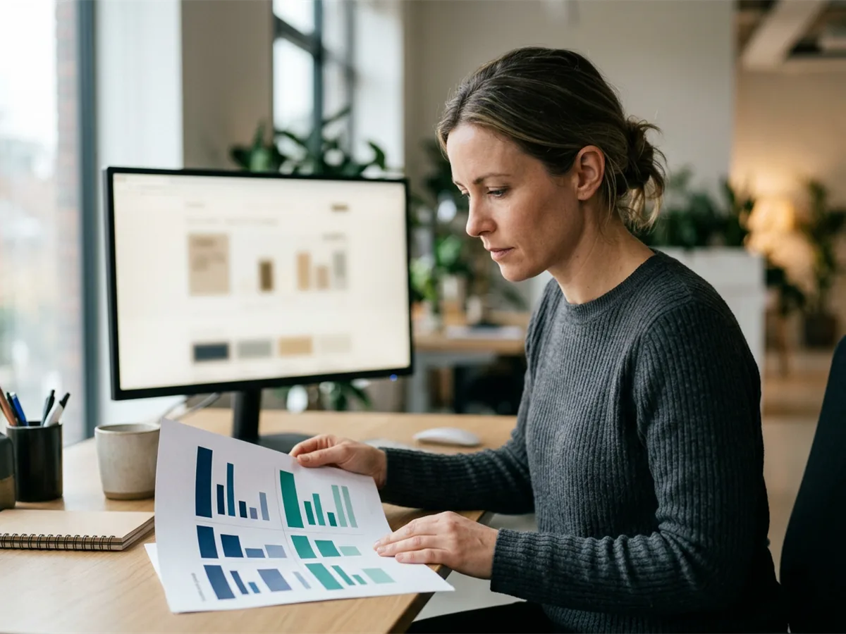 B2B marketer reviewing a two-column comparison chart at a desk, natural light, content visible on screen